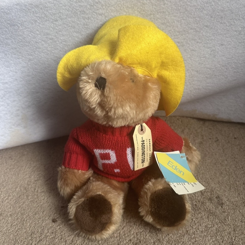 Vintage 1975 Eden Toys Paddington Bear Plush Red Sweater Yellow Hat NWT 8 inch